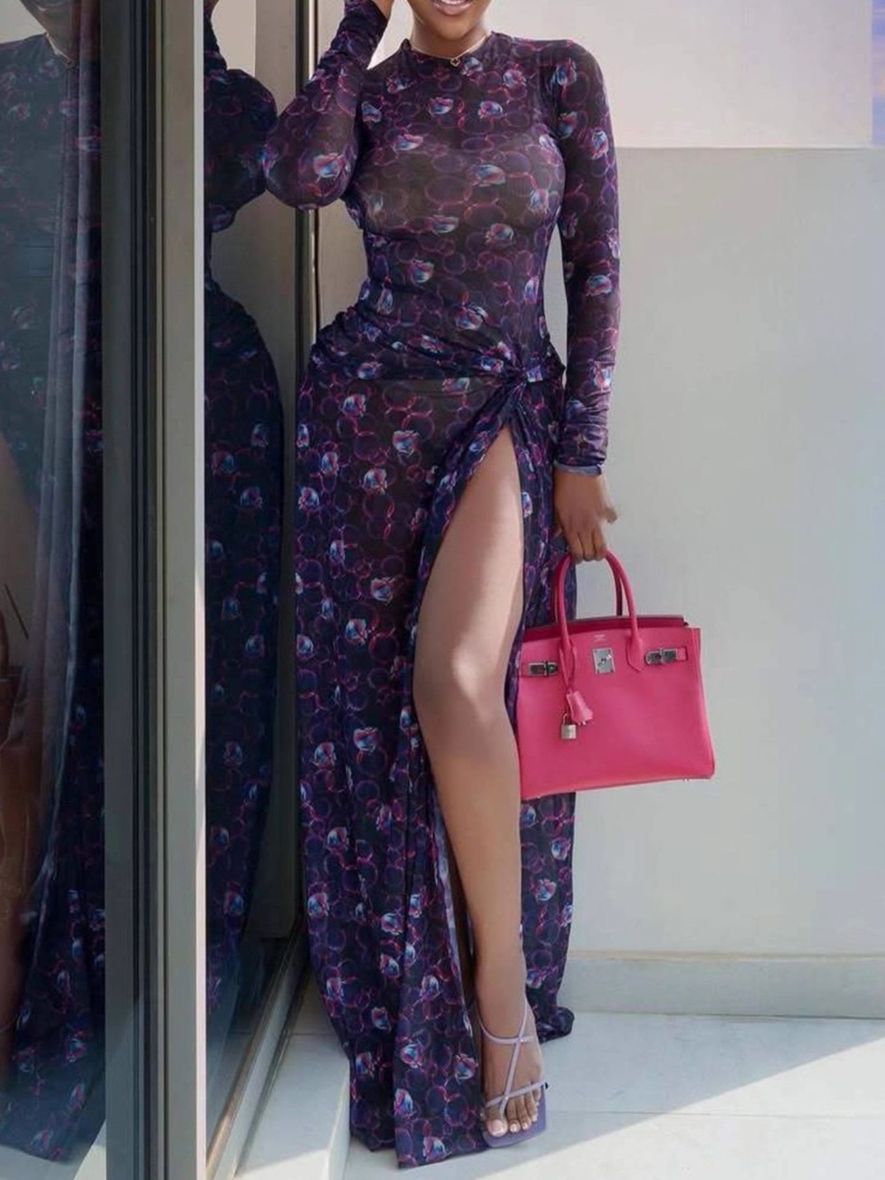 Sheer Floral Print Maxi Dress with High Slit